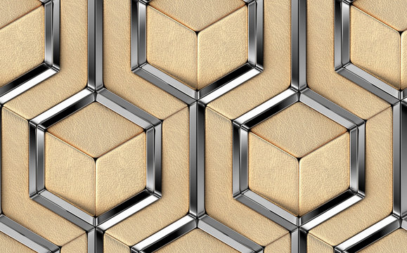 Wall Mural -  - 3D Wallpaper of luxury 3D tiles made of golden leather elements and silver chrome metal decor elements. High quality seamless realistic pattern.