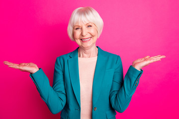 Canvas Print - Portrait of her she nice attractive lovely cheerful cheery gray-haired lady holding invisible objects on palms new novelty isolated over bright vivid shine vibrant pink fuchsia color background