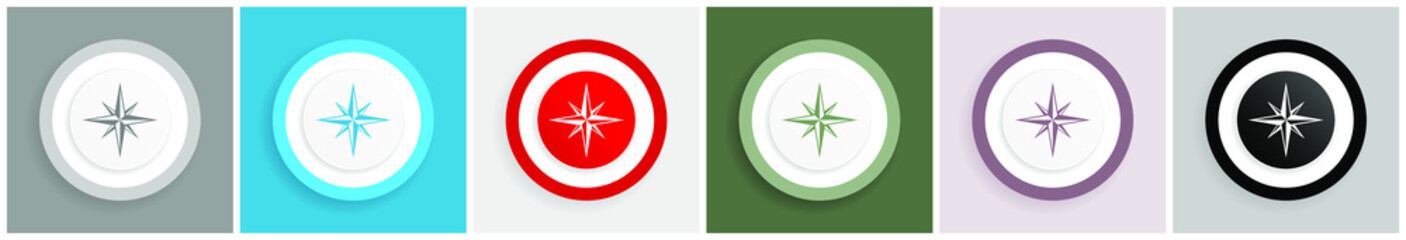 Aufkleber - Compass icon set, colorful flat design vector illustrations in 6 options for web design and mobile applications