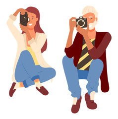 Smiling photographers man and woman sitting with camera equipment and do photo, focusing lens. Male and female photographing, people professional shooting vector