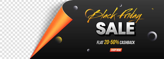 Wall Mural - curled paper style, sale header or banner design with 20-50% cashback on black friday sale with spac