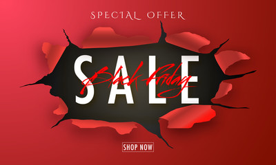 Wall Mural - website poster or template in torn paper style with special offer on black friday sale.