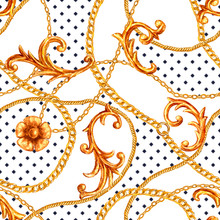 Baroque Golden Elements Ornamental Seamless Pattern. Watercolor Hand Drawn Gold Element Texture On White Background.