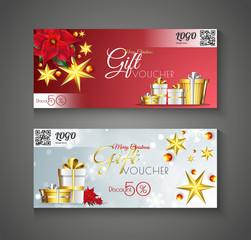 Sticker - Christmas Gift Voucher with 50% discount offer, flower, golden stars and gift boxes for Festival celebration concept.