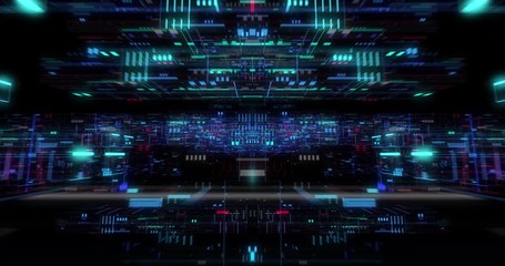 Poster - Flying over abstract motion background, a futuristic circuit board, Digital motherboard. Digital grid, CPU Processing, Digital network, Computing, GPU gaming, Web, internet. 3D render