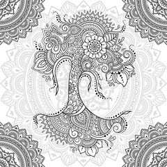 Seamless decorative ornament in ethnic oriental style. Circular pattern in form of mandala and tree with flower for Henna, Mehndi, decoration and coloring. Doodle outline hand draw vector illustration