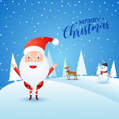 Sticker - Merry Christmas greeting card design with cute santa clause, snowman and reindeer on winter landscape background.