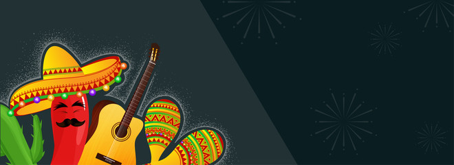 Wall Mural - Website header or banner design with illustration of Cinco De Mayo celebration, cartoon of red chilli wearing sombrero hat.