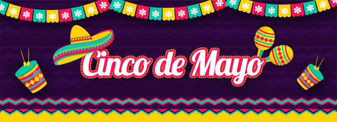 Wall Mural - Purple header or banner design decorated with colorful bunting and maracas instrument for Cinco De Mayo party celebration.