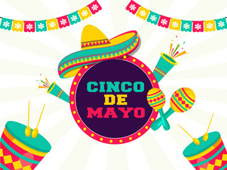 Sticker - Cinco De Mayo festival celebration with party elements on retro white pop art background poster or flyer design.