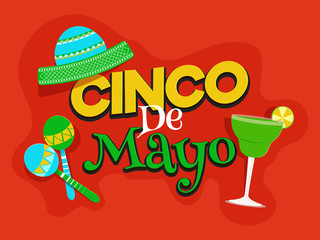 Wall Mural - Cinco De Mayo celebration poster or flyer decorated with party element on red background.