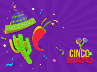 Canvas Print - Cinco De Mayo festival celebration with party elements on retro purple pop art background poster or flyer design.