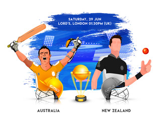 Poster - Cricket match between Australia vs New Zealand with illustration of cricket player in different playing action, poster or banner design for cricket tournament.