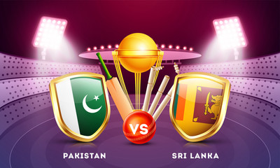 Poster - Banner or poster design, cricket tournament participant country Pakistan vs Sri Lanka with illustration of champion trophy, cricket bat and ball on night stadium view background.