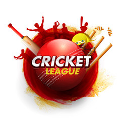 Poster - Cricket League poster or flyer design with illustration of red glossy ball and cricket equipment on white background.