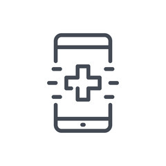 Poster - Online first aid service line icon. Smartphone with medical support vector outline sign.