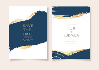 invitation cards with luxurious gold and dark blue marble background texture and abstract ocean styl