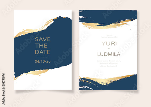 Fotografía invitation cards with luxurious gold and dark blue marble background texture and abstract ocean style vector template for wedding, new year, events