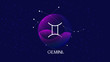 Gemini sign, zodiac background. Beautiful and simple illustration of night, starry sky with gemini zodiac constellation behind glass sphere with encapsulated gemini sign and constellation name. 