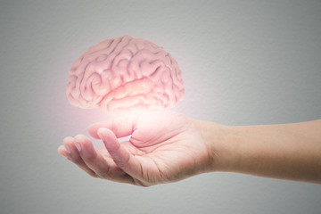 Wall Mural - Man holding brain illustration against gray wall background. Concept with mental health protection and care.