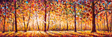 Autumn  Panorama Original Oil Painting On Canvassunny Park With Red Golden Trees And Meadow , Natural Seasonal Background Original Oil Painting On Canvas