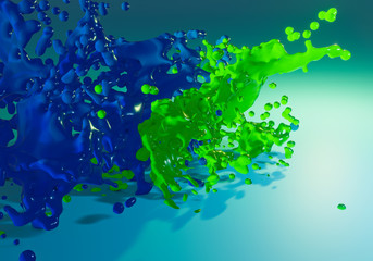 Wall Mural - Abstract 3D fluid liquid colorful splash in blue and green color on gradient background. 3D illustration