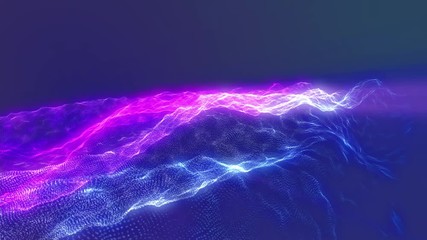Poster - 4K Futuristic Sci fi Digital Wave Dot Particle Motion Background. Beautiful Landscape Floating Defocus Animation Graphic Design.