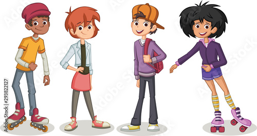 Group of cartoon young people. Teenagers.