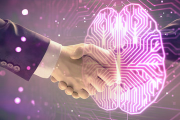 Multi exposure of human brain drawing on abstract background with two men handshake. Concept of data technology in business