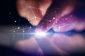 Poster - Finger touching tablet with global network concept and dark background