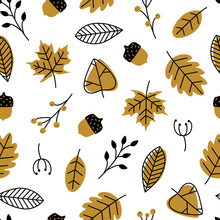 Vector Seamless Pattern With Doodle Leaves, Acorns. Modern Autumn Seasonal Decor. Flower Graphic Design