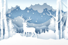Christmas And Deer In Forest With Snow In The Winter Season. Background Of Landscape Paper Art Style