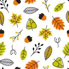 Vector seamless pattern with doodle leaves, acorns. Modern autumn seasonal decor. Flower graphic design