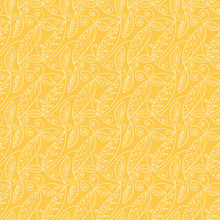 Golden Yellow Stylized Flourish And Leaves  Seamless Pattern Tile. Monochromic Elegant Floral Pattern For Prints, Backgrounds, Textile, Fabric, Wallpapers And Backdrops. Seamless Design.
