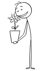 Wall Mural - Vector cartoon stick figure drawing conceptual illustration of man enjoying smelling to beautiful flower in plant pot.