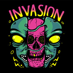 Wall Mural - Skull inside alien head vector illustration. Pink skull, Alien Invasion for t-shirt design, poster, sticker or emblem