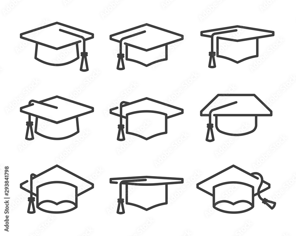 graduation cap icon set line style - obrazy, fototapety, plakaty 