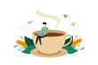 Coffee break, man sitting on huge coffee cup activity flat illustration vector template, suitable for background, banner, landing page, ui, ux, advertising illustration