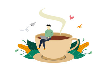 Coffee break, man sitting on huge coffee cup activity flat illustration vector template, suitable for background, banner, landing page, ui, ux, advertising illustration
