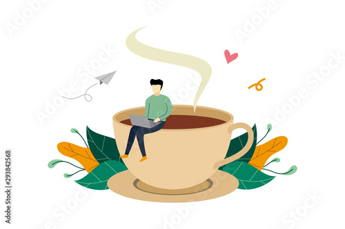 Cuadros en Lienzo Coffee break, man sitting on huge coffee cup activity flat illustration vector t