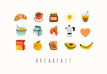 healthy breakfast. various tasty food and drinks. cute hand drawn icons and logos. trendy vector ill