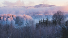 Frosty, Foggy Sunrise In The "Bieszczady" Mountains In Poland.