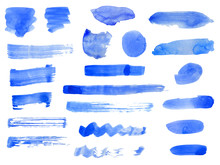 Watercolor Blue Brush Strokes And Smears Set. Hand Drawn Colorful Aquarelle Stripes And Blots Isolated On White. Template Background For Text Or Decoration Design.