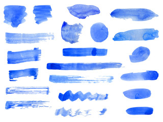 Watercolor blue brush strokes and smears set. Hand drawn colorful aquarelle stripes and blots isolated on white. Template background for text or decoration design.