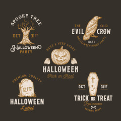 Wall Mural - Vintage Style Halloween Logos or Labels Template Set. Hand Drawn Spooky Tree, Pumpkin, Tomb Stone, Crow or Raven, and Coffin Sketch Symbols Collection. Retro Typography. Dark Background