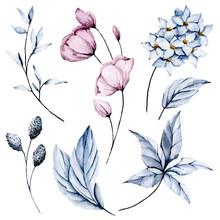 Watercolor Pink Flowers And Blue Leaves Set. Floral Illustration Isolated On White Background. Hand Drawing. Clip Art Perfectly For Wedding, Birthday, Party And Other Greetings Design. 