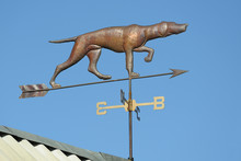Weather Vane Dog On The Roof Of The House. Against The Blue Sky.