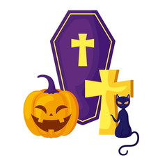 Sticker - pumpkin with coffin and icons halloween