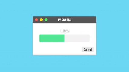 Poster - Loading transfer download 0-100%. Loading bar. Program window isolated on blue background. 4K resolution.