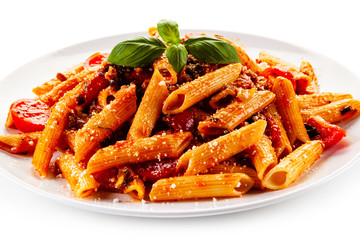Wall Mural - Penne with meat, tomato sauce and vegetables